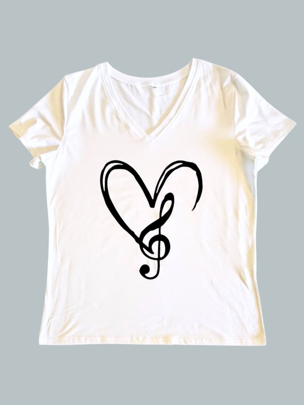 Treble Clef Heart Tee Womens L White V Neck Music Lover Graphic Singer Shirt